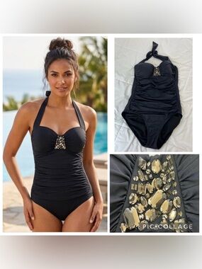 Vintage Jantzen Black Swim 1 Piece Swimsuit Bathing Suit Rhinestones size 10